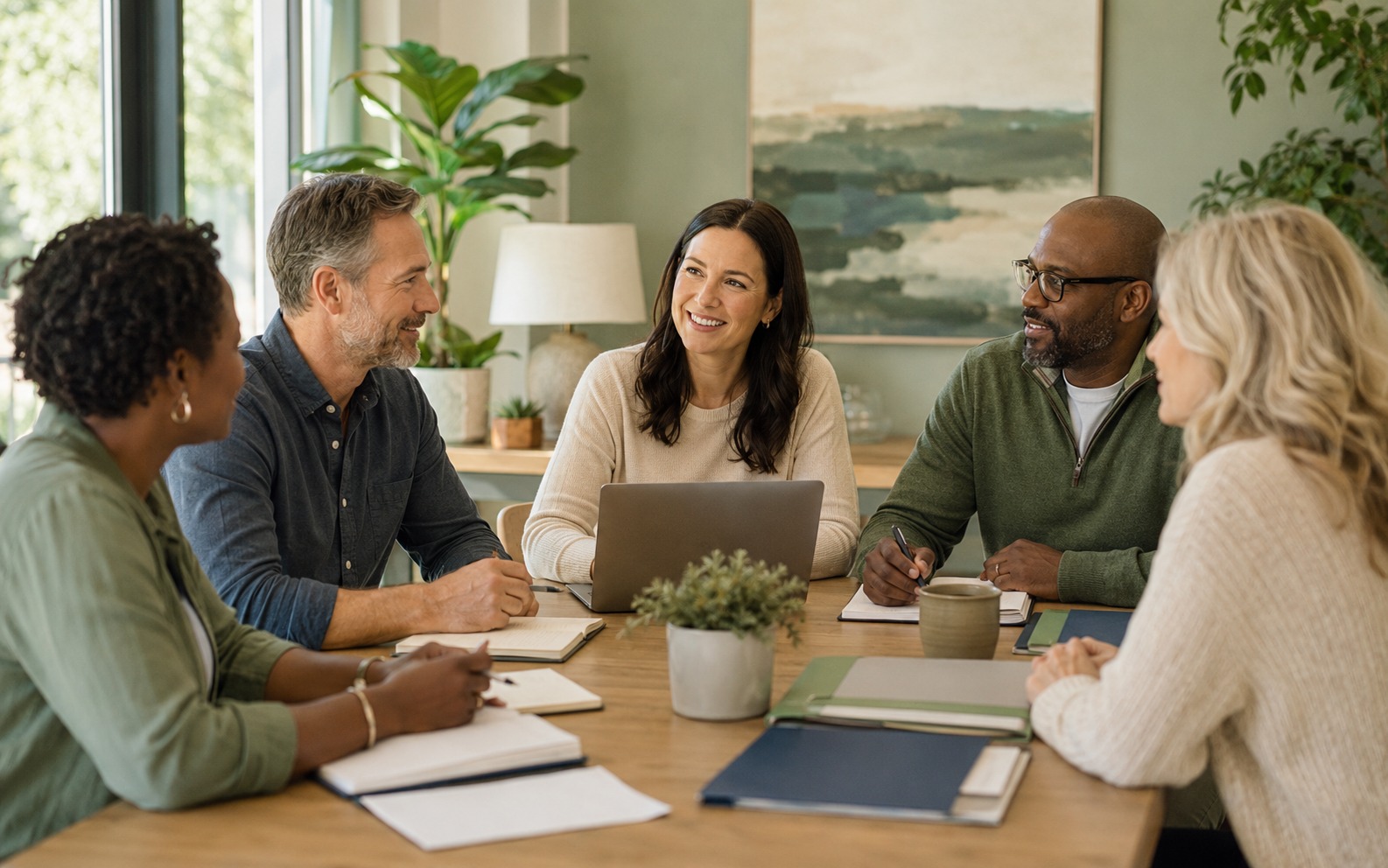 Professionals collaborating around a table during a planning meeting